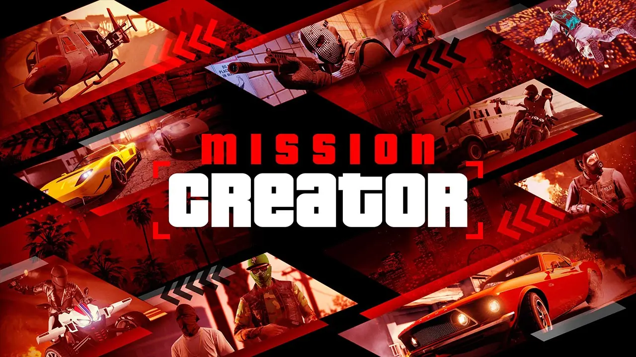 Image regroupant différentes images provenant de missions créées par la communauté de joueurs de GTA Online. Le titre "Mission Creator" apparaît au centre de cette image.