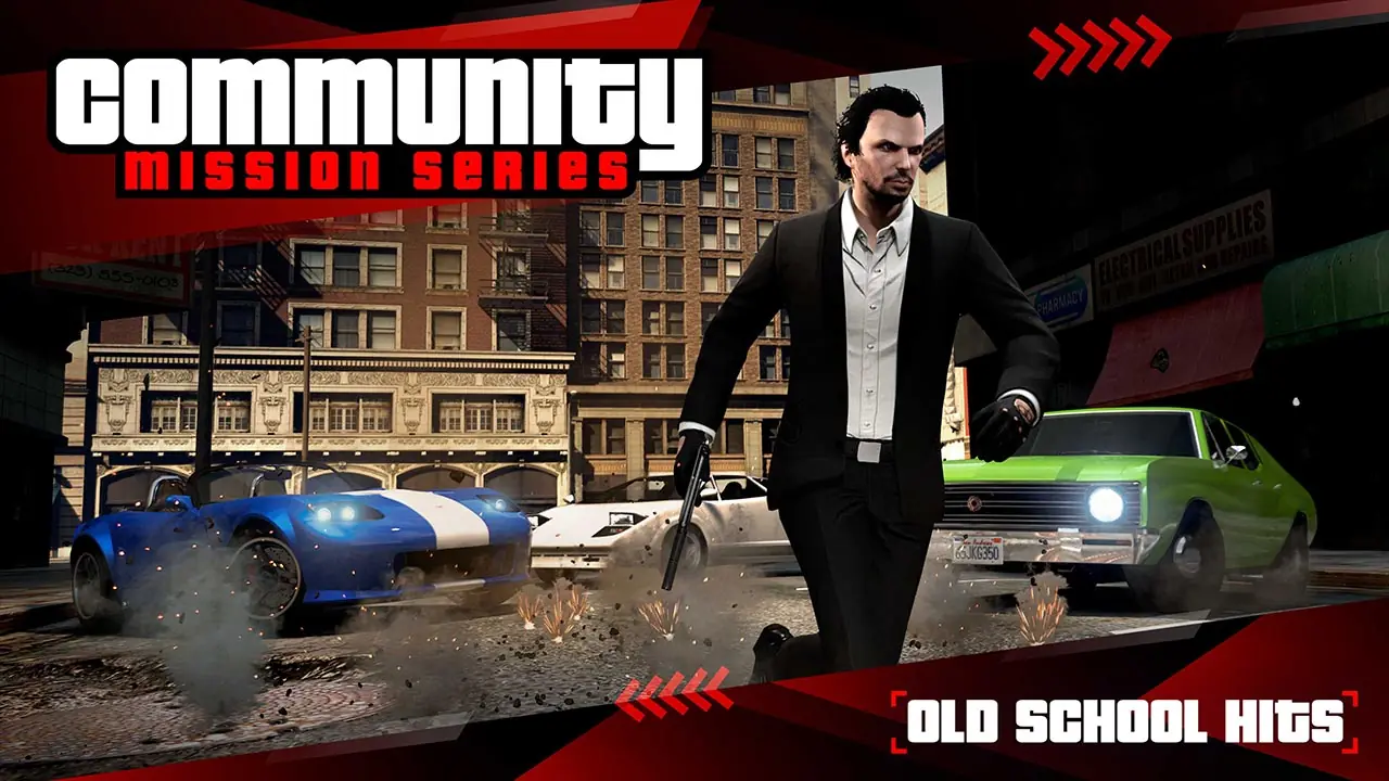 Un joueur dans l'activité communautaire « Old School Hits » de GTA Online qui s'inspire de missions présentes dans la GTA Trilogy.