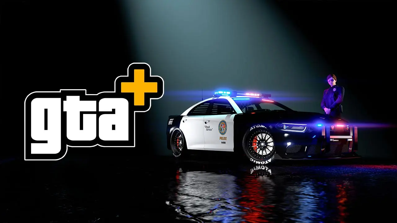 Voiture de police "Bravado Buffalo STX de poursuite" dans la pénombre avec un joueur de GTA Online à proximité. Le logo de l'abonnement GTA+ apparaît en grand, en lien avec les avantages GTA+ du mois d'avril qui permet de récupérer gratuitement ce véhicule.