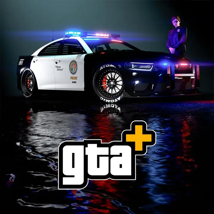 Voiture de police "Bravado Buffalo STX de poursuite" dans la pénombre avec un joueur de GTA Online à proximité. Le logo de l'abonnement GTA+ apparaît en grand, en lien avec les avantages GTA+ du mois d'avril qui permet de récupérer gratuitement ce véhicule.