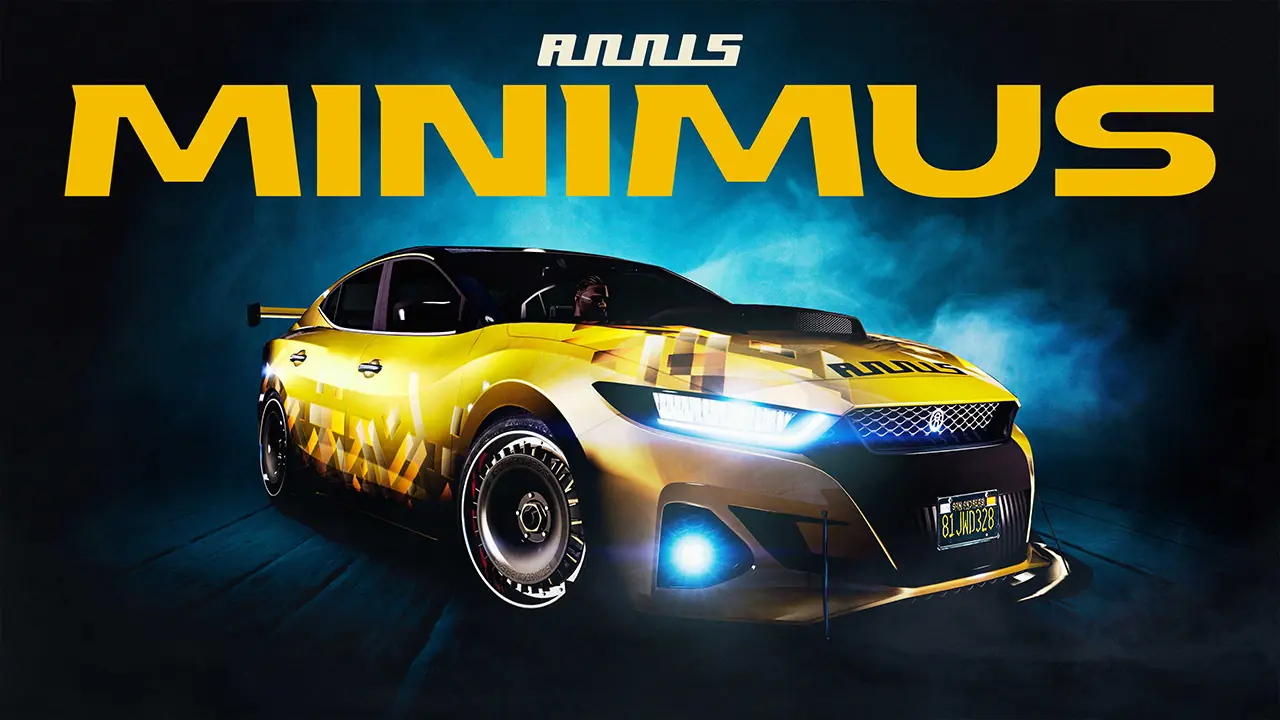 Image présentant l'avant de la voiture japonaise Annis Minimus dans le jeu vidéo GTA Online. Le véhicule est peint en jaune avec des décalcomanie de petites formes géométriques au niveau du bas de caisse et sur le capot. Une fumée blanche entour le bolide dans la pénombre. Le titre "Annis Minimus" est écrit en grand.