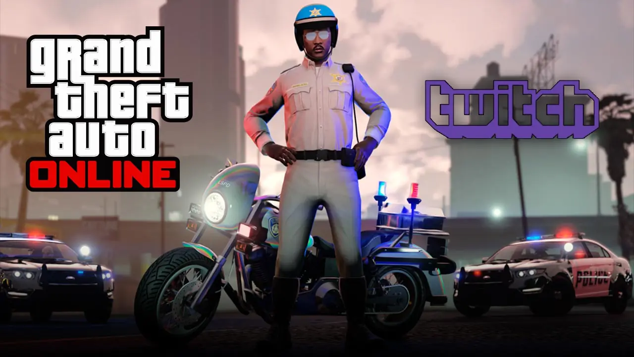 Un joueur portant la tenue de motard de la police à débloquer dans GTA Online lors de la compagne de Twitch Drops d'avril 2026.