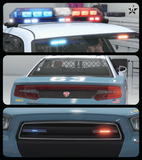 Avertisseurs lumineux custom 1 sur le toit de la voiture de police.