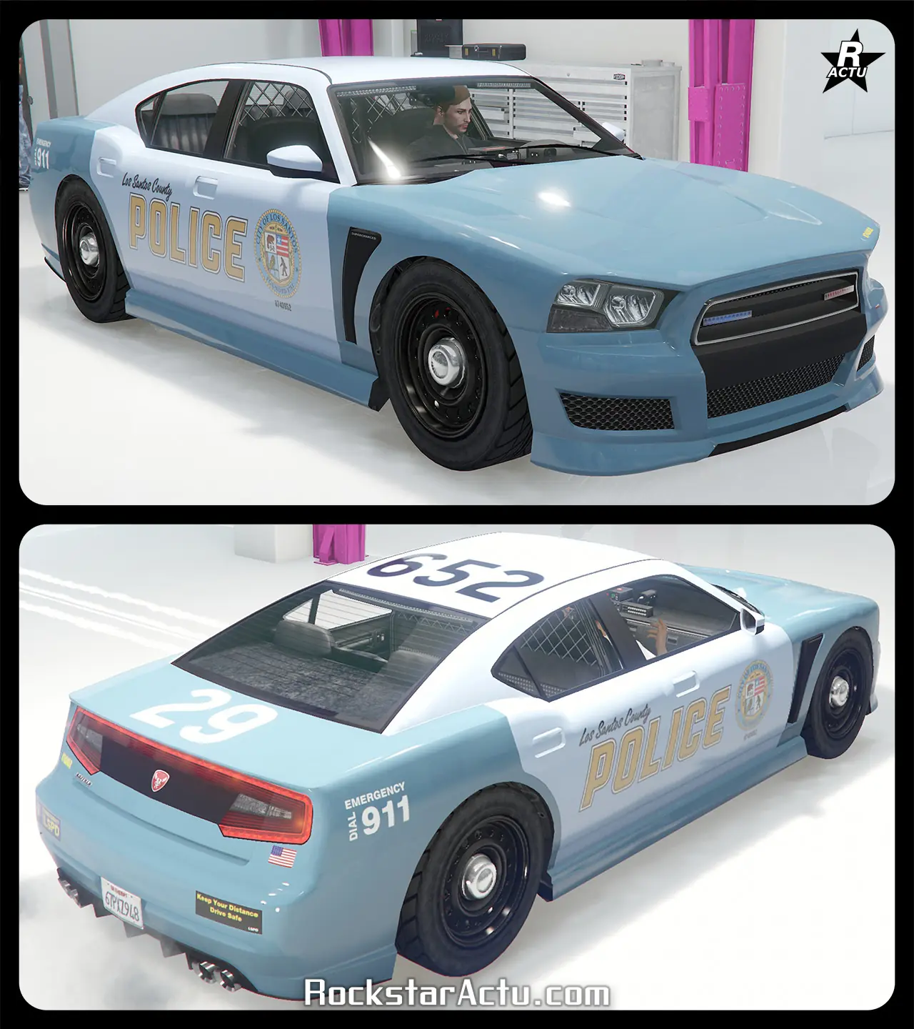 Motif ajoutant le logo moderne de la police du LSPD jaune sur les portières latérales de la Bravado Buffalo Cruiser, ainsi que le numéro de véhicule « 652 » en noir sur le toit et le numéro d'unité « 29 » en blanc sur le coffre.