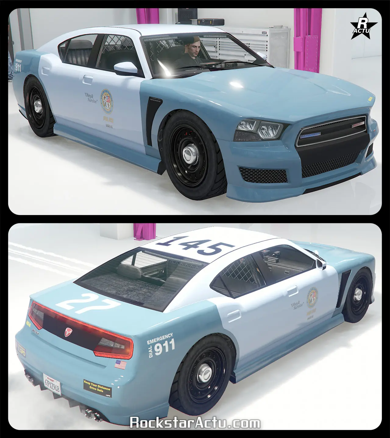 Motif ajoutant le logo de la police du LSPD sur les portières latérales de la Bravado Buffalo Cruiser, ainsi que le numéro de véhicule « 145 » en noir sur le toit et le numéro d'unité de médecin légiste « 27 » en blanc sur le coffre.