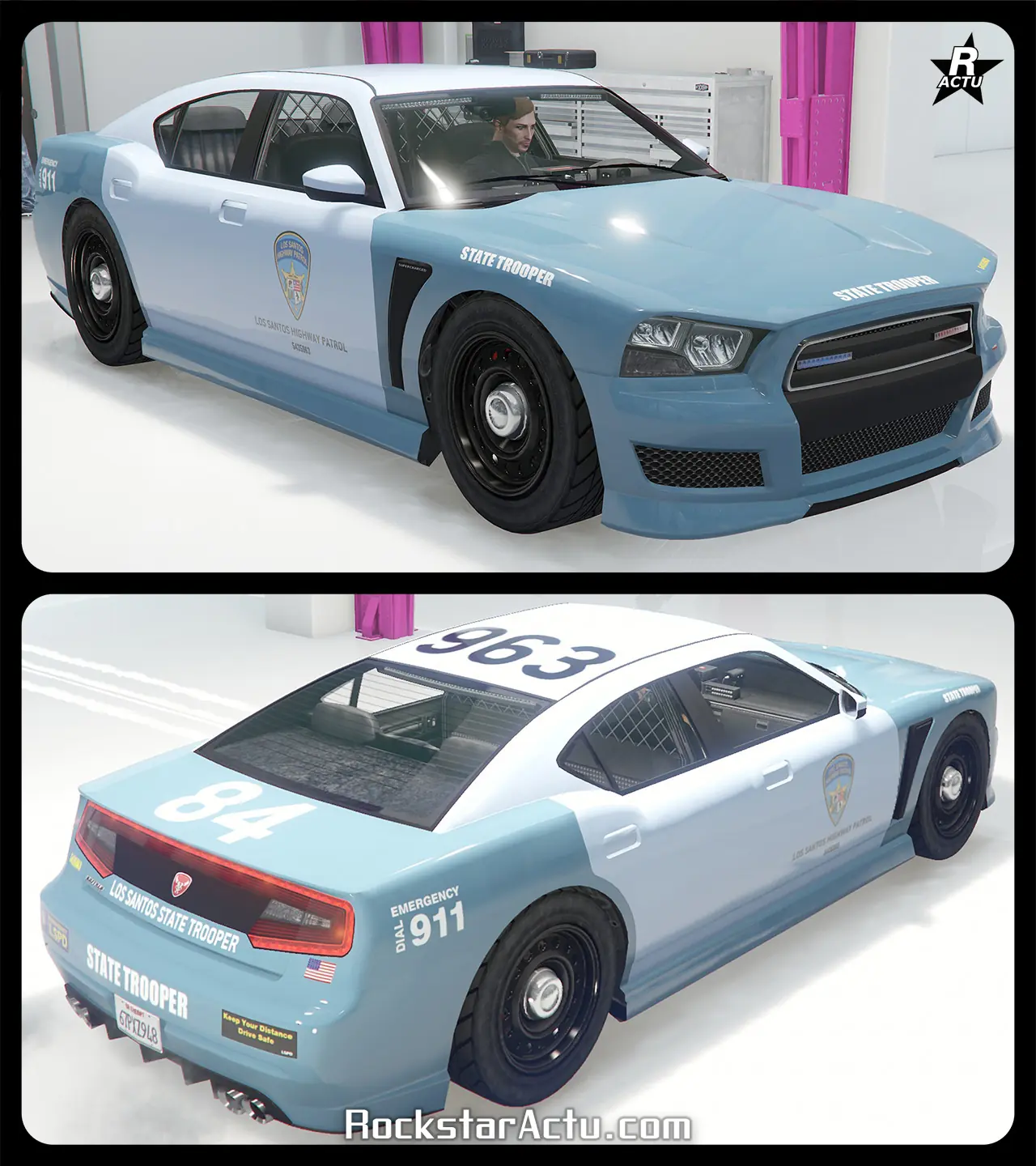Motif ajoutant le logo de la police d'État de San Andreas sur les portières latérales de la Bravado Buffalo Cruiser, ainsi que le numéro de véhicule « 963 » en noir sur le toit et le numéro d'unité « 84 » en blanc sur le coffre.
