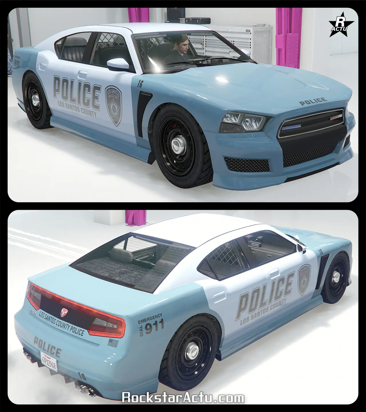 Motif ajoutant le logo « Police » en noir avec le logo de la division autoroutière de la police d'État de San Andreas sur les portières latérales de la Bravado Buffalo Cruiser,