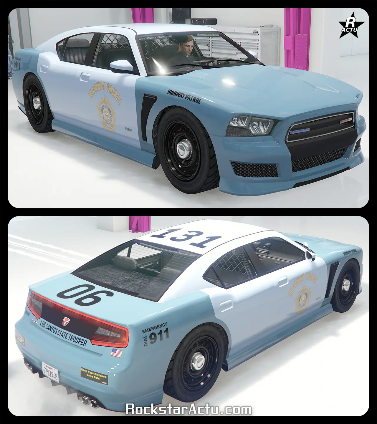 Motif ajoutant le logo de la division police des autoroutes de la police d'État de San Andreas sur les portières latérales de la Bravado Buffalo Cruiser, ainsi que le numéro de véhicule « 131 » en noir sur le toit et le numéro d'unité « 06 » en noir sur le coffre.