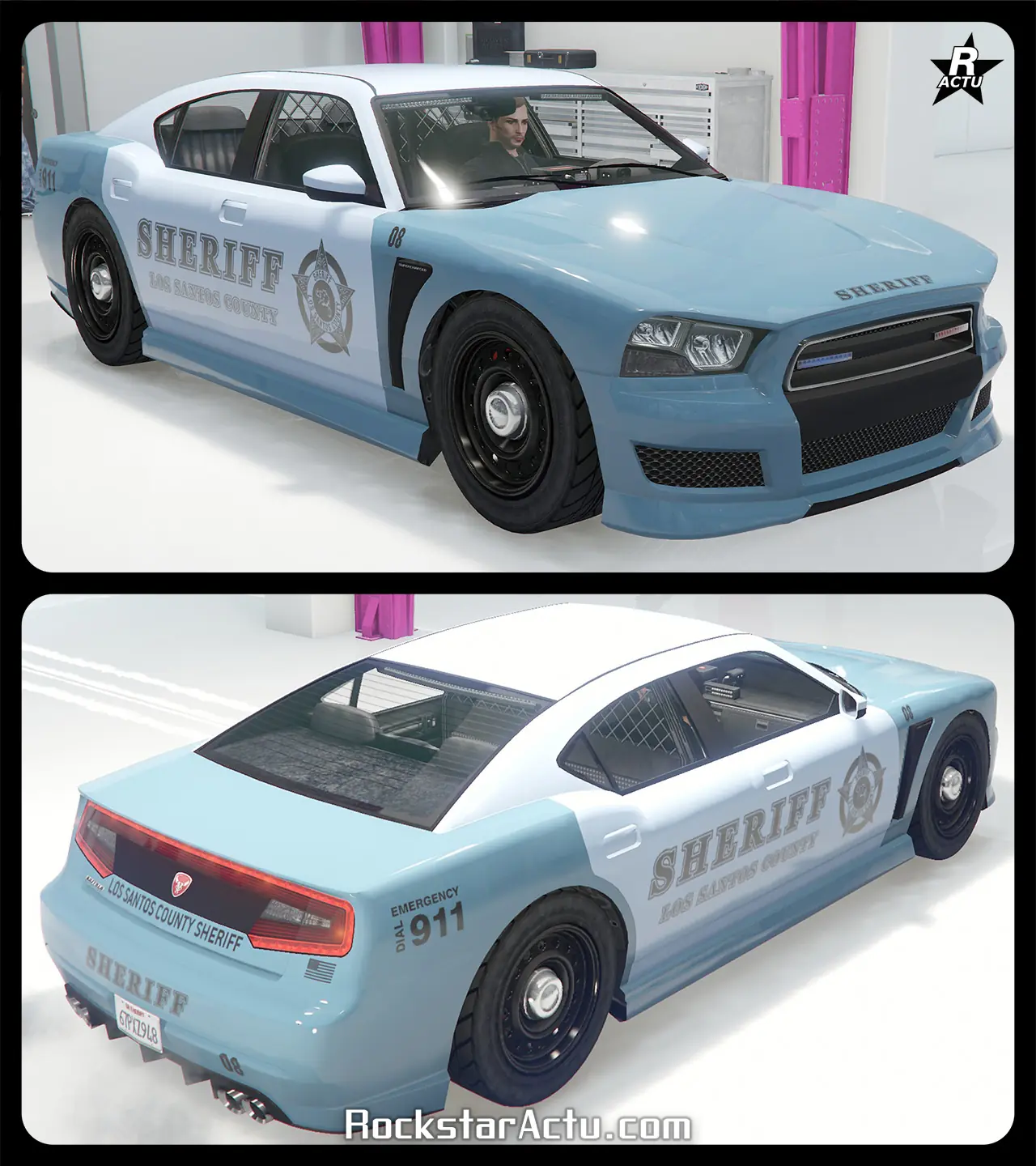 Motif ajoutant le logo « sheriff » en noir avec le logo du shérif du comté de Los Santos sur les portières latérales de la Bravado Buffalo Cruiser,