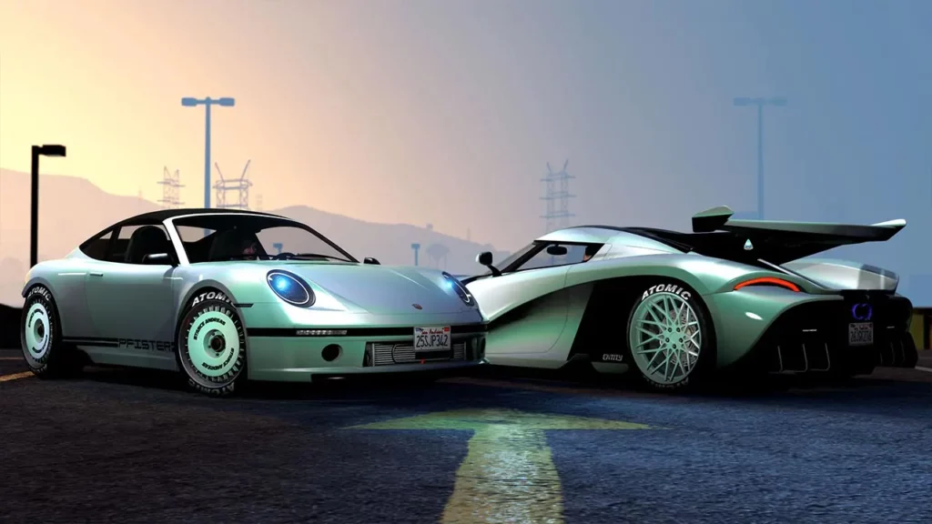 Une voiture Comet S2 Cabrion et une Entity MT avec la peinture caméléon "Perle vert clair" sur leur carrosserie respective. Il s'agit d'une peinture exclusive aux abonnés GTA+ en avril 2026.