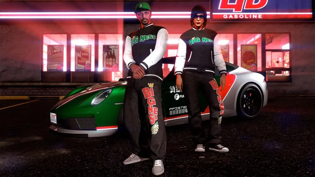 Deux joueurs de GTA Online portant les vêtements GTA+ d'avril 2026. Il s'agit du pantalon « Bigness couronne large » et de la veste « Teddy couronne Bigness ».