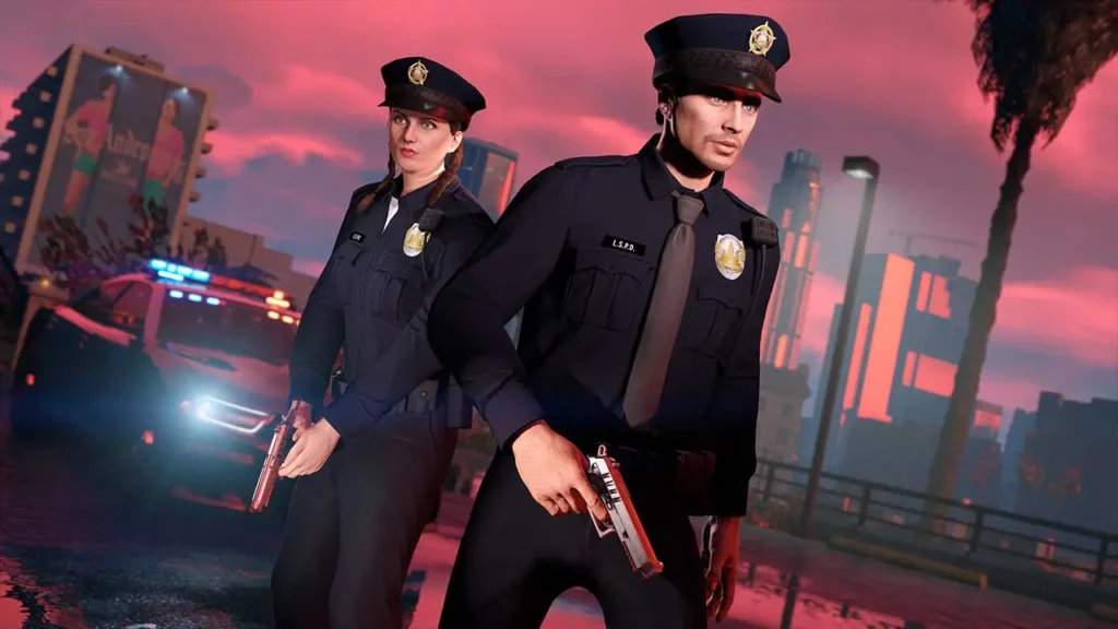 Deux joueurs de GTA Online portant les tenues de police « Agent LSPD été » et « Agent LSPD hiver ».