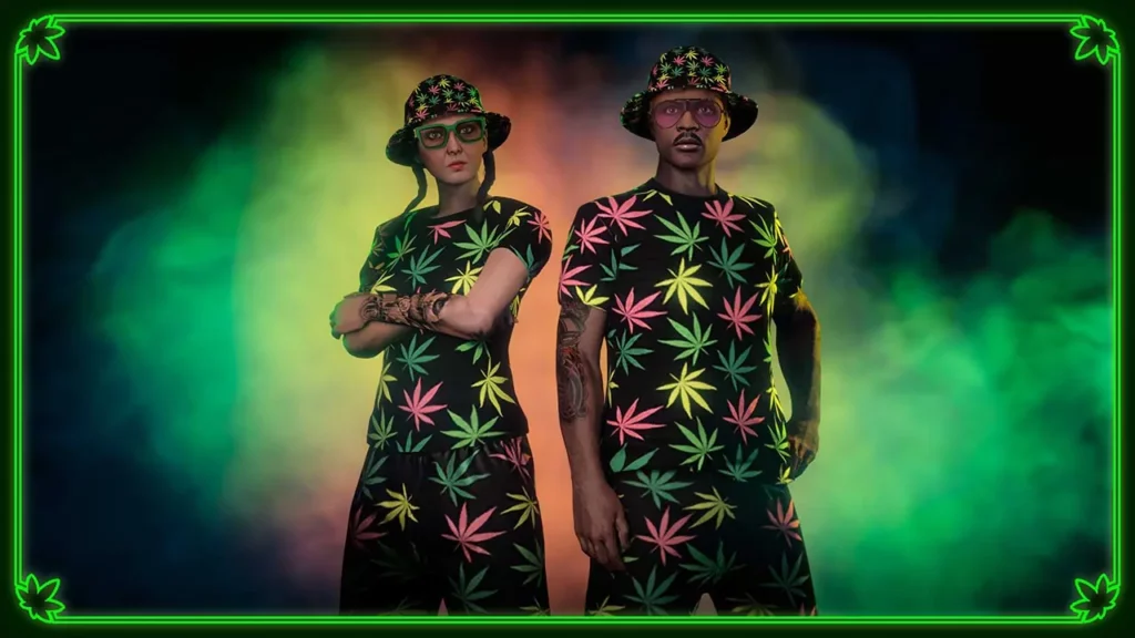 Deux joueurs de GTA Online portant la tenue rare "Tenue festival multicolore 420" sur eux.
