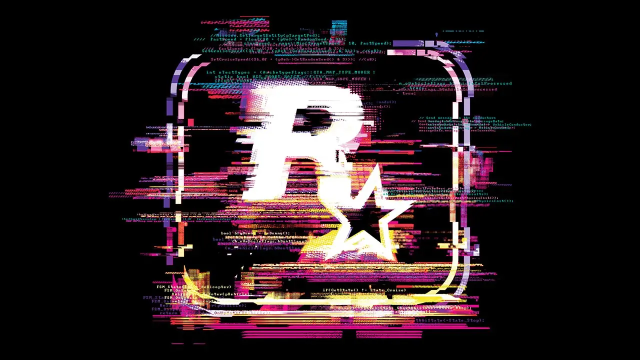 Logo de Rockstar Games avec des lignes de codes se glitchant dans tous les sens.