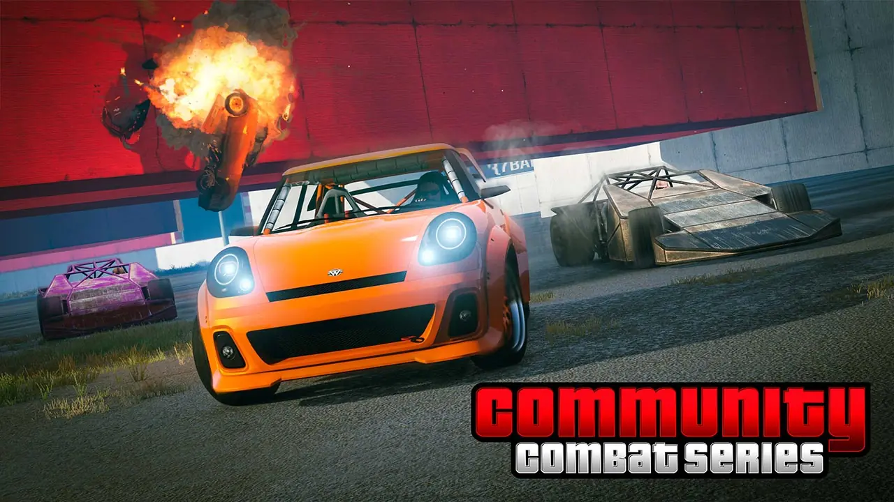 Une voiture orange poursuivit par d'autres joueurs en Buggy Rampe dans l'activité communautaire "{7BAD} CAR vs RAMP" de GTA Online.