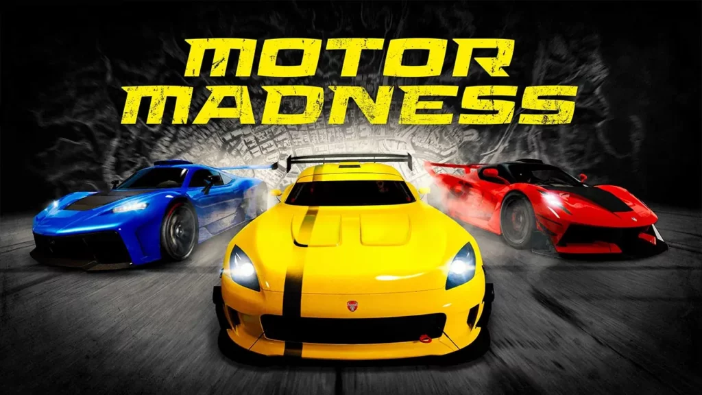 Image promotionnelle de l'événement Motor Madness dans GTA Online, avec 3 voitures en premier plan et la carte de Los Santos en arrière plan.