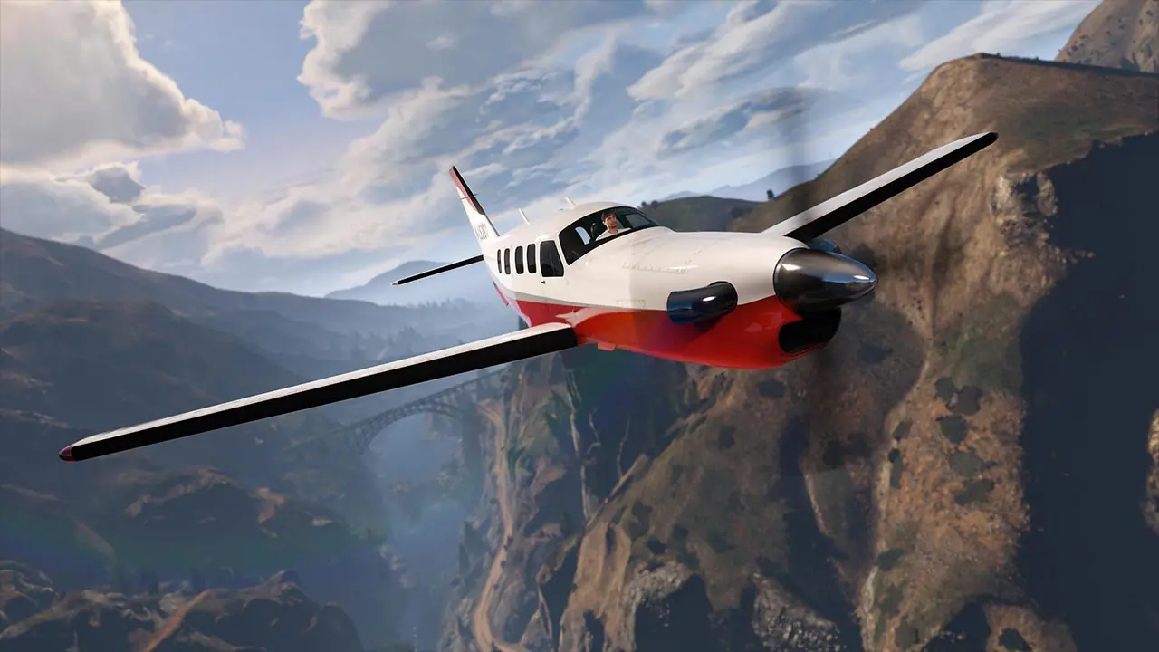 Avion a hélice JoBuilt Velum 5 places survolant  le Raton Canyon dans le jeu vidéo GTA Online.