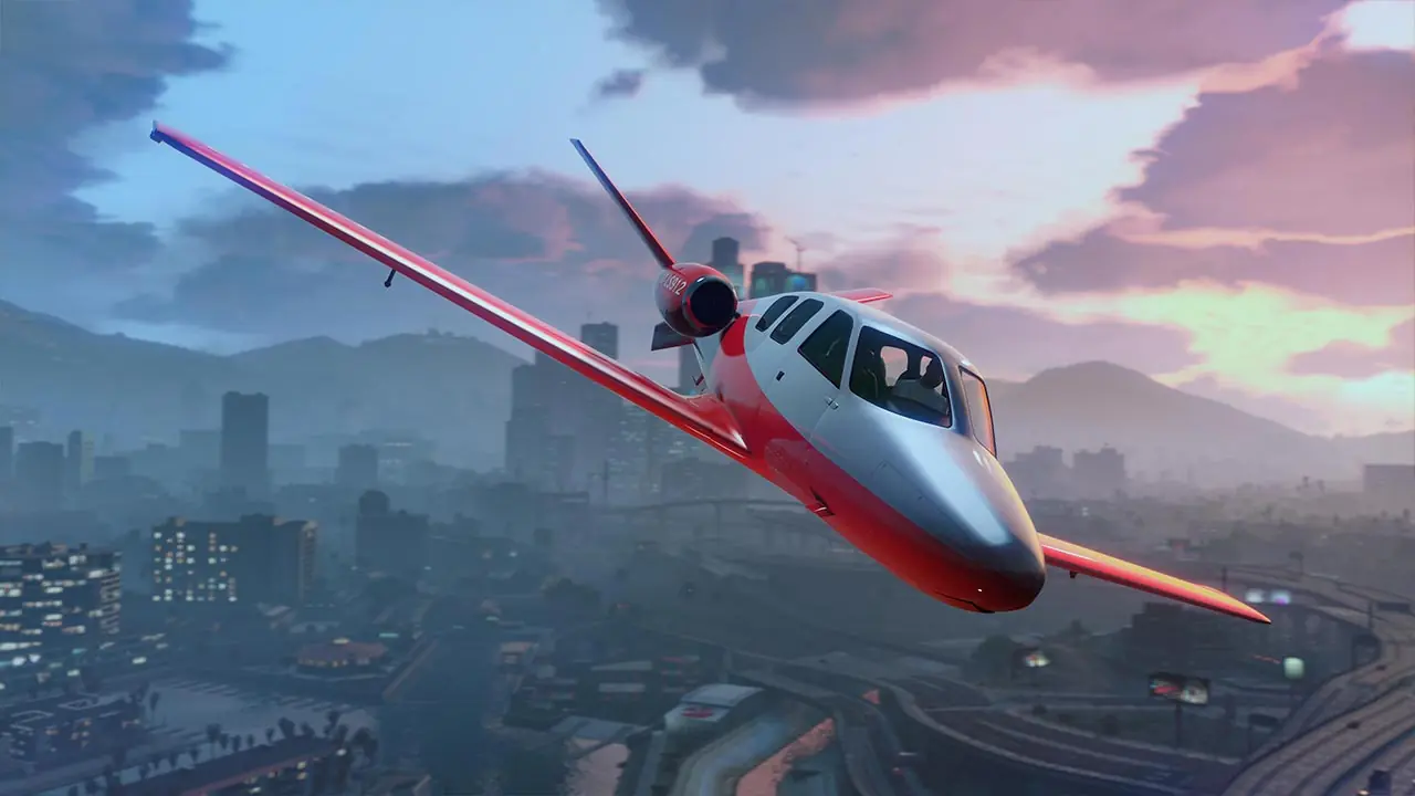 Avion Buckingham Vestra, un mini jet privé, dans le ciel de Los Santos en approche de l'aéroport de la ville de GTA Online.