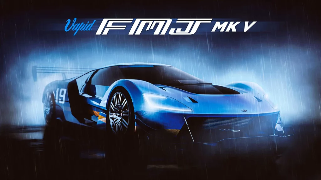 Vue avant de la voiture Vapid FMJ MK 5 peinte en bleu avec le motif de carrosserie "Comme de l’eau".