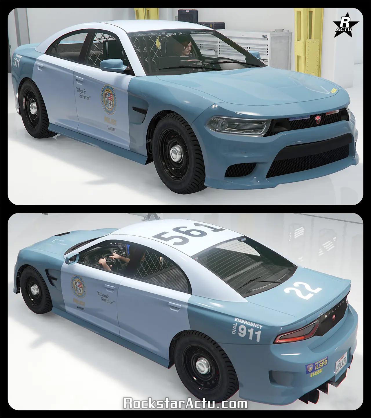 Motif ajoutant le logo de la ville de Los Santos sur les portières latérales du véhicule de flics, avec le numéro "561" en noir sur le toit, et le numéro "22" en blanc sur le coffre.