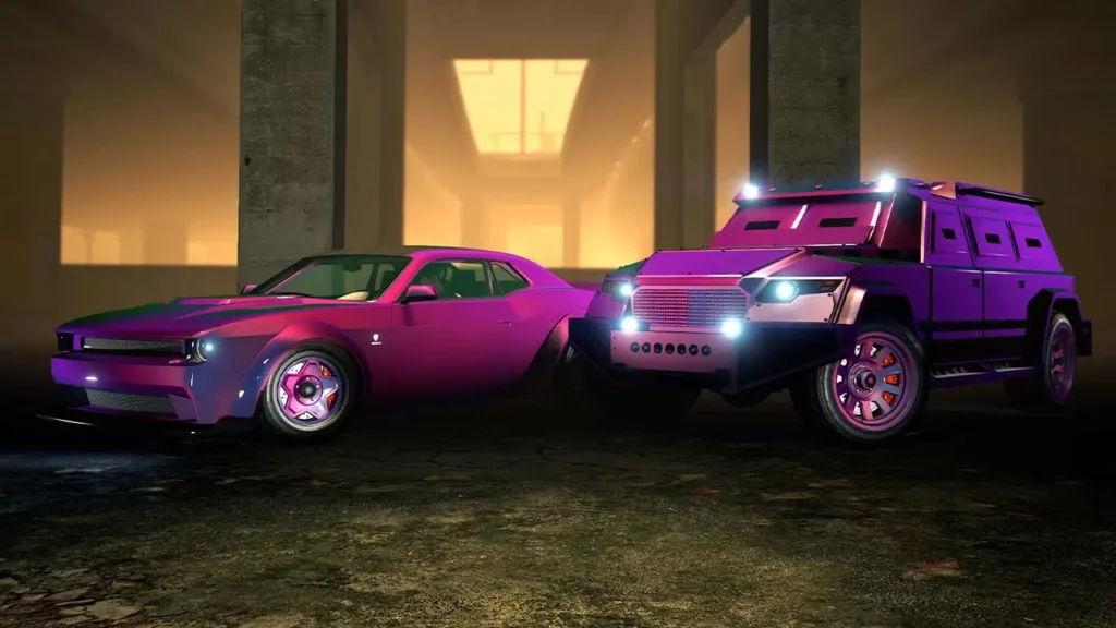 Deux voitures sous un pont autoroutier qui sont peintes avec la peinture caméléon "Flip magenta/cyan".