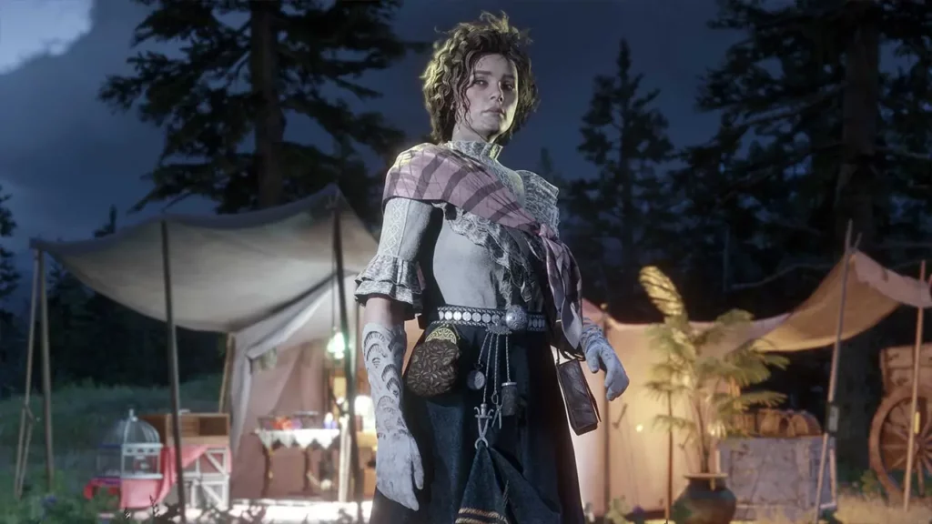 Harriet Davenport devant sa boutique dédié au rôle de naturaliste qu'elle dirige dans le jeu vidéo Red Dead Online. 
