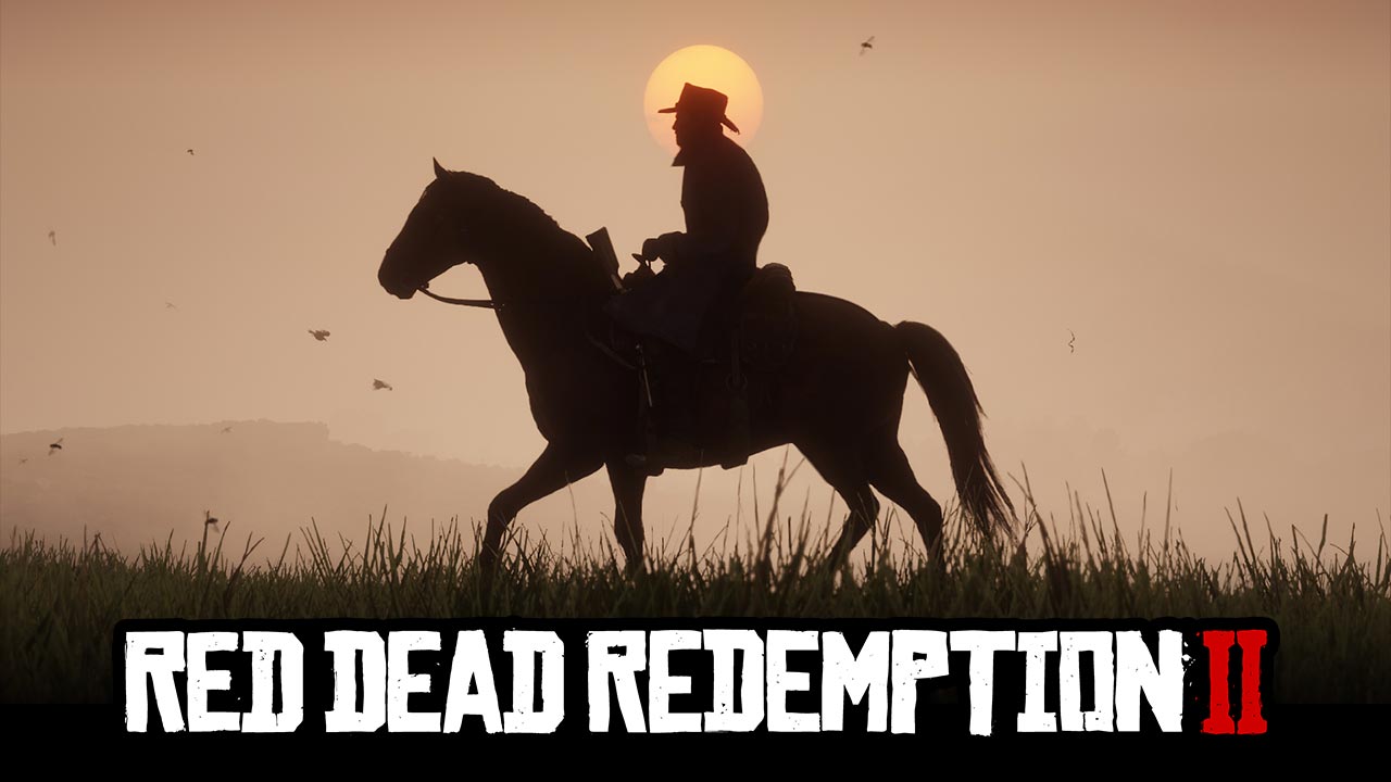 Arthur Morgan galopant sous un couché de soleil avec le logo du jeu, Red Dead Redemption 2, écrit en grand sur l'image.