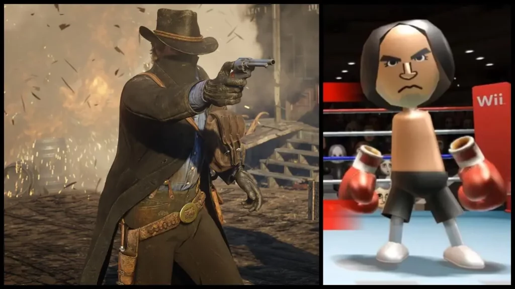 Le personnage jouable de Red Dead Redemption 2, Arthur Morgan, mettant KO un joueur sur le ring de boxe de Wii Sports.