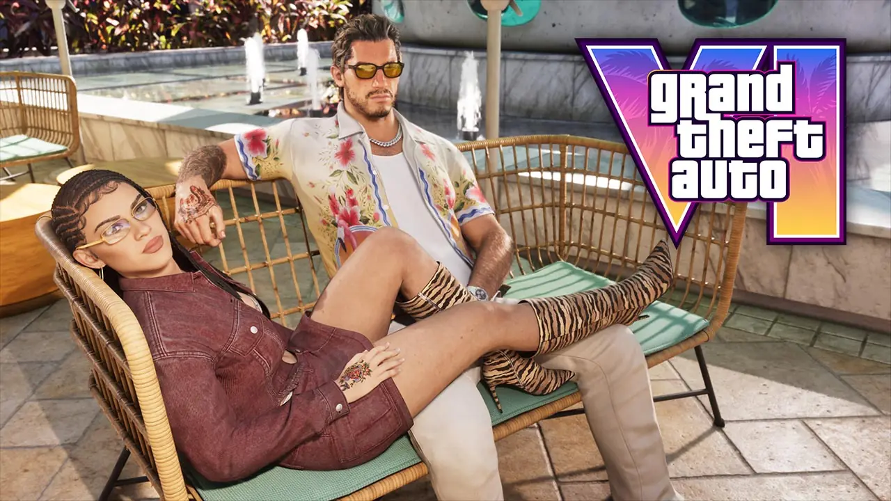 Jason et Luca affalés dans un canapé extérieur, regardant les actualités de GTA VI.
