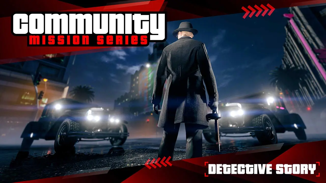 Image promotionnelle de la mission communautaire "Detective Story" où un joueur de GTA Online apparait de dos entre deux voitures des années 1930.