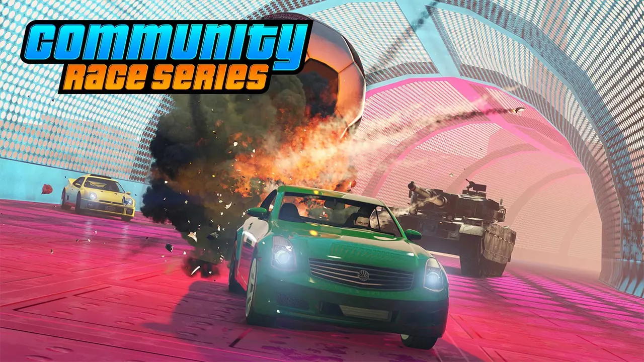 Plusieurs véhicules dans des tubes de course casse-cou, lors de la course communautaire "{VNS} F2F PIPE BOMB" dans GTA Online.