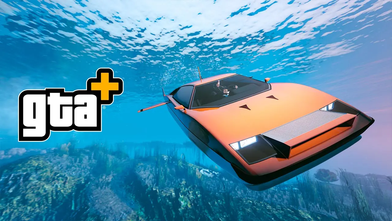 Une voiture sous-marine orange Ocelot Stromberg sous l'eau avec le logo de l'abonnement GTA+, en référence à sa gratuité avec les avantages du mois de juin 2026.