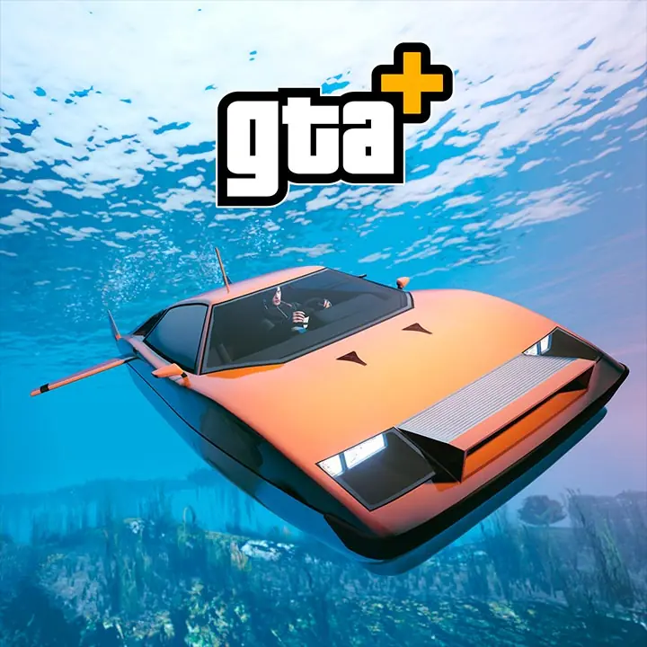 Une voiture sous-marine orange Ocelot Stromberg sous l'eau avec le logo de l'abonnement GTA+, en référence à sa gratuité avec les avantages du mois de juin 2026.