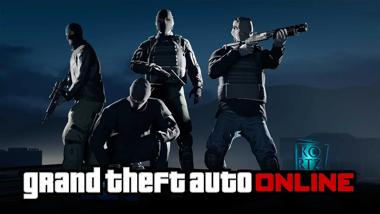 4 joueurs de GTA Online s'infiltrant dans le musée lors du braquage, via la mise à jour "Le Braquage du Kortz Center".