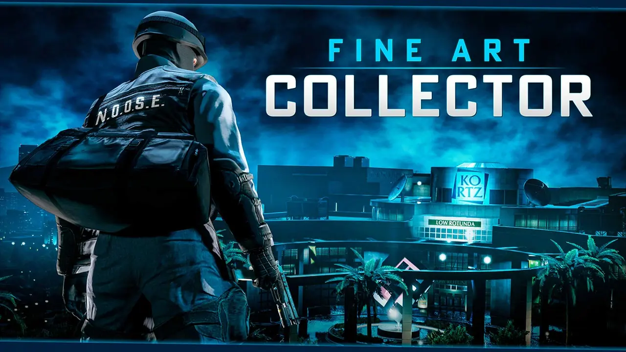 Image promotionnelle de l'événement du programme de récompenses "Collectionneur d’œuvres d’art" qui est disponible dans GTA Online entre le 18 juin et le 14 juillet 2026. L'image se compose d'un joueur du jeu, vu de dos, portant la tenue du NOOSE qui se trouve a débloquer avec cet événement, devant le musée du Kortz Center à Los Santos.