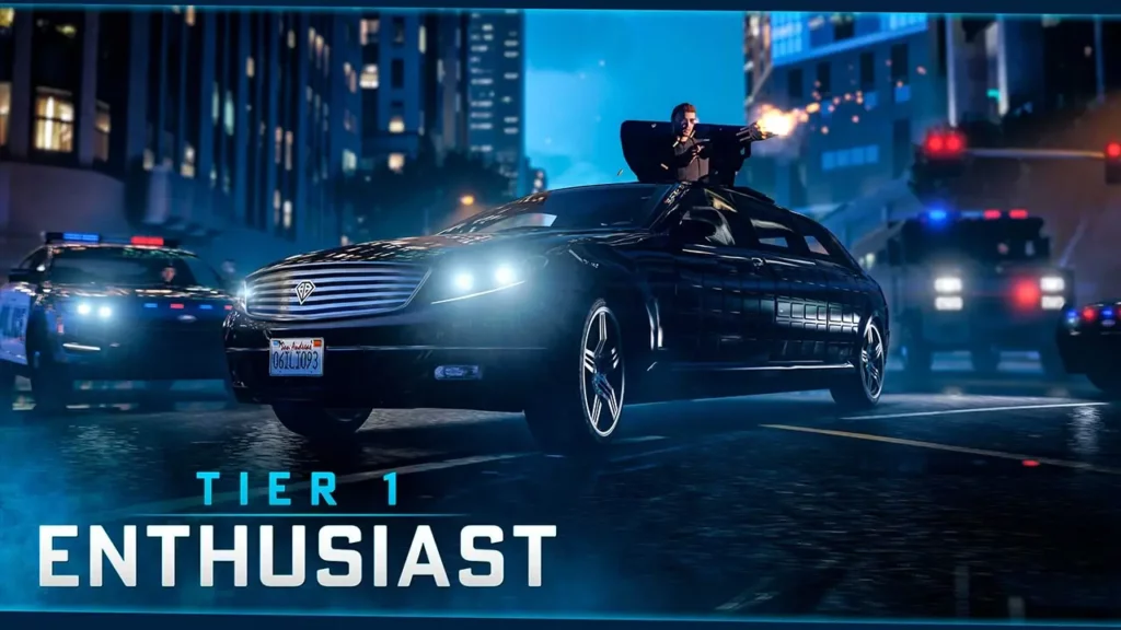 La voiture Benefactor Limousine armée sur une route de GTA Online. Le véhicule fait partie des récompenses du palier 1 du programme "Collectionneur d’œuvres d’art".