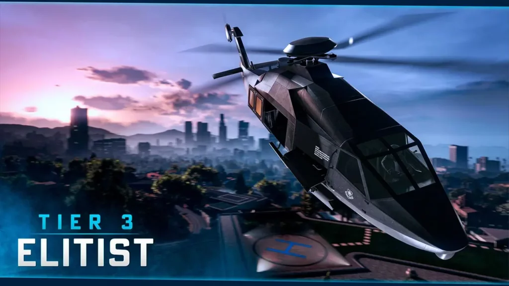 L'hélicoptère Western Annihilator furtif survolant une villa dans le jeu vidéo Grand Theft Auto Online. Ce véhicule fait partie des récompenses du troisième palier du programme post lancement de la mise à jour estivale 2026.