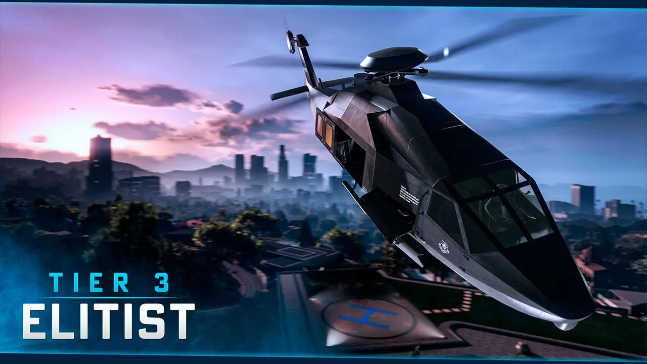 L'hélicoptère Western Annihilator furtif survolant une villa dans le jeu vidéo Grand Theft Auto Online. Ce véhicule fait partie des récompenses du troisième palier du programme post lancement de la mise à jour estivale 2026.