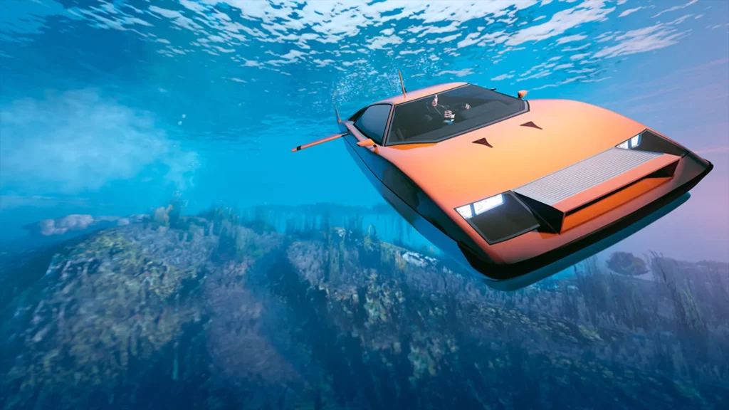 Voiture sous-marine Ocelot Stromberg peinte en orange sous l'océan autour de Los Santos dans le jeu vidéo GTA Online.
