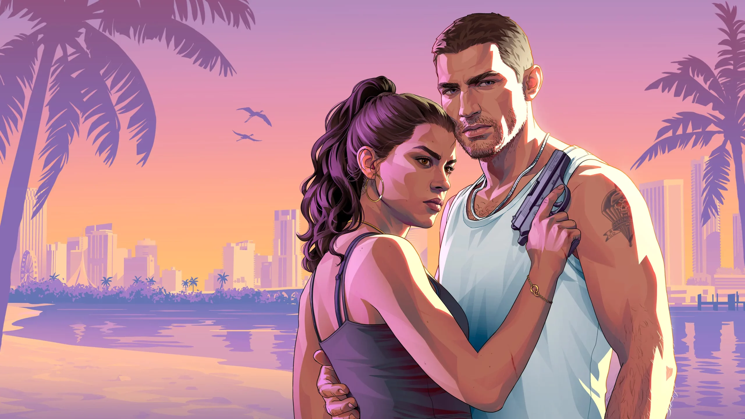 Artwork de Jason et Lucia, les deux personnages jouables de GTA 6, avec la ville de Vice City en arrière plan sous un couché de soleil.