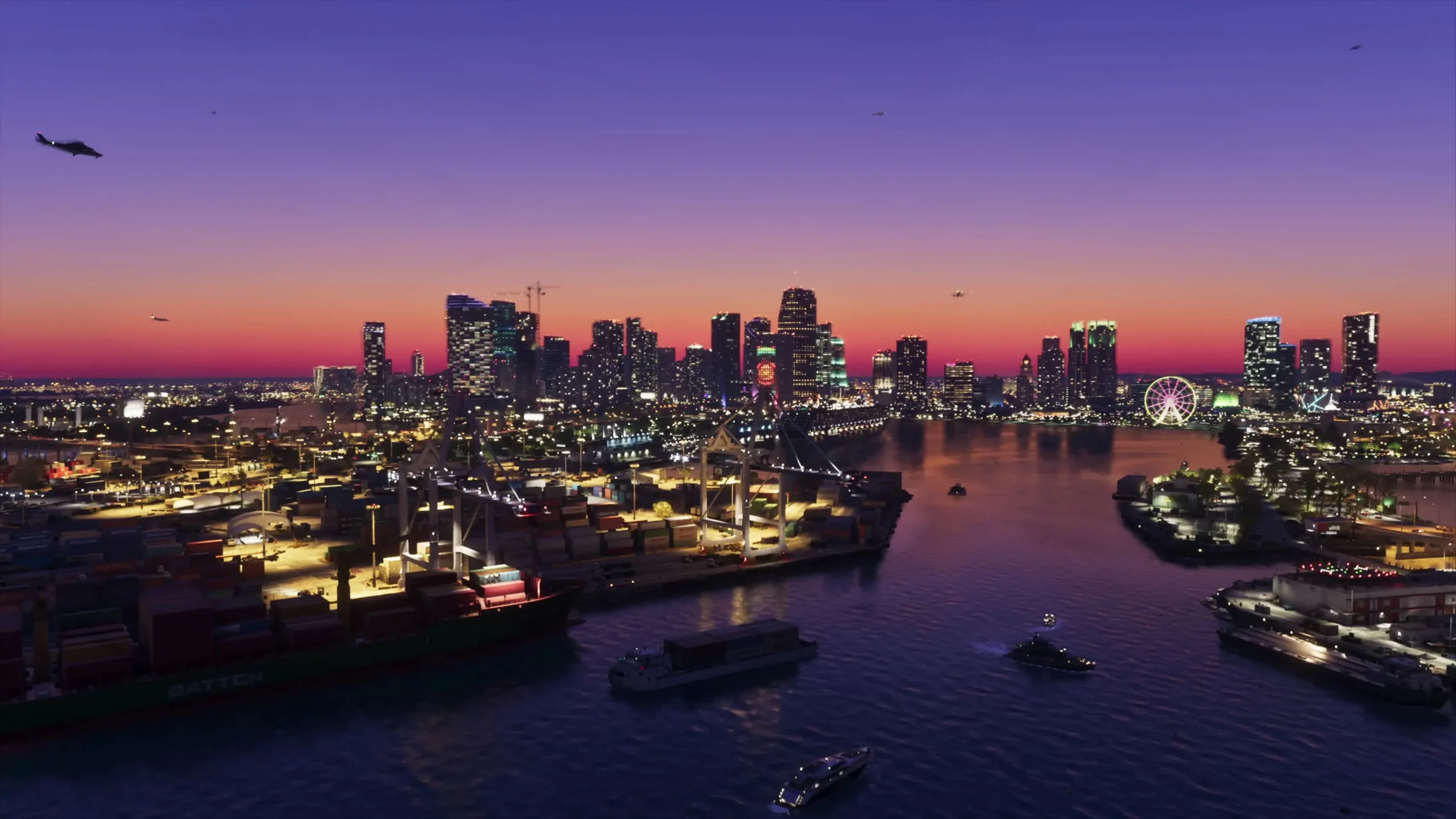 Image du port de Vice City sous un couché de soleil dans le jeu vidéo GTA VI.
