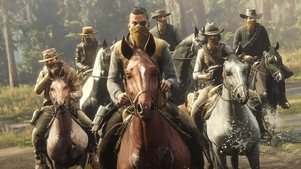 Plusieurs joueurs de Red Dead Online sur des chevaux, formant un groupe permanent.