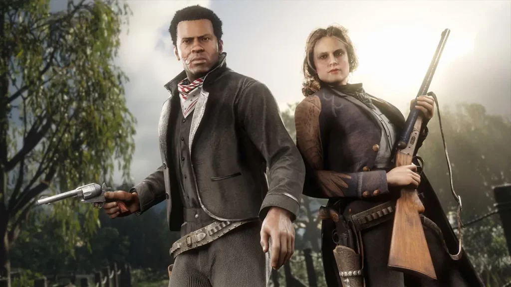Deux joueurs de Red Dead Online, portant sur eux des vêtements  à débloquer avec les avantages du mois de juillet 2026.