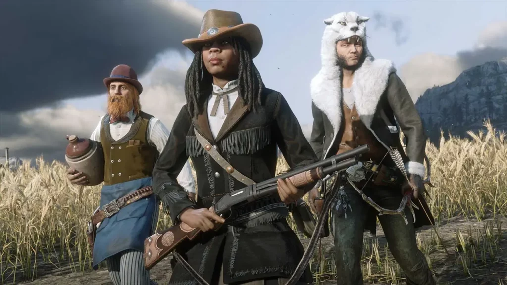 3 joueurs de Red Dead Online portant des vêtements qui sont a débloquer avec les avantages du mois de juin 2026.