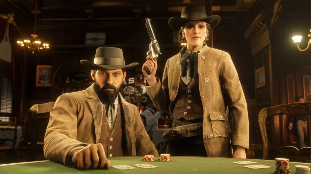 Deux joueurs de Red Dead Online, portant sur eux la tenue communautaire de juillet 2026 créée par Shōga, assis à une table de poker dans un saloon.