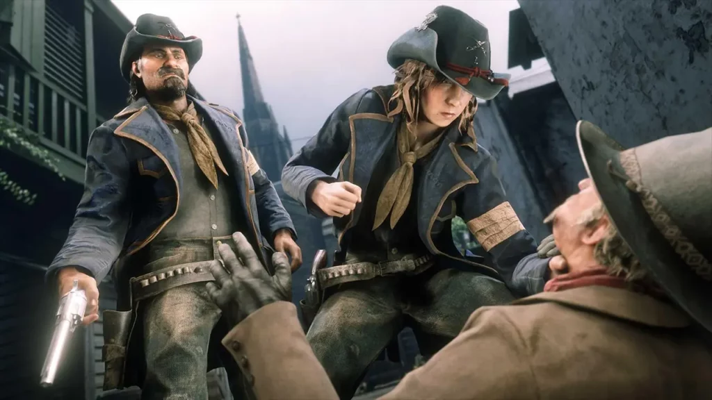 Deux joueurs de Red Dead Online portant la tenue communautaire de juin 2026 qui est proposée par Kindainappropriate_ sur Reddit.