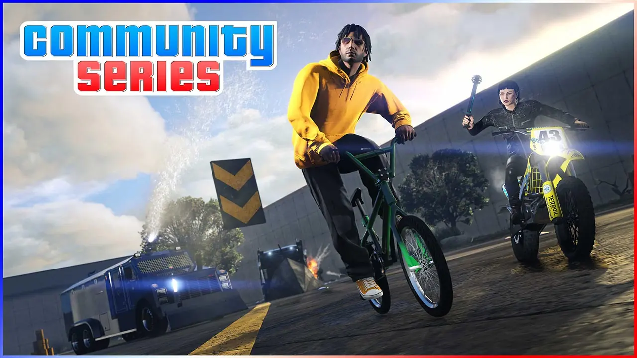 Un joueur sur un vélo à côté d'un autre joueur sur une moto dans l'activité communautaire "[HS] BMX VS SANCHEZ" dans le jeu vidéo GTA Online.