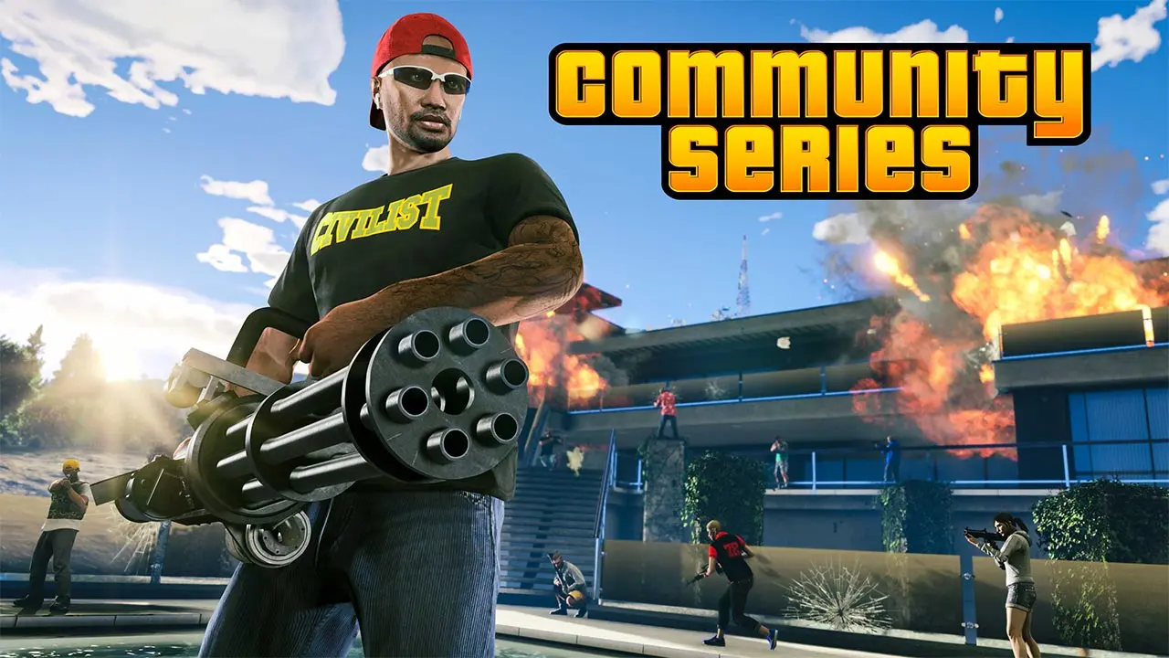 Un joueur de GTA Online avec un minigun sur la terrasse d'une villa, dans l'activité communautaire "{ALEE} GUNGAME: MANSION"