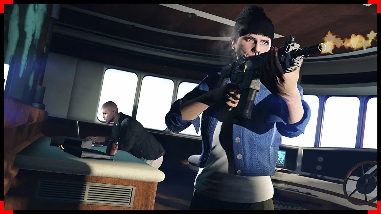 2 joueurs de GTA Online à l'intérieur d'un yacht, sur le pont de commandement, dans l'activité communautaire de type mission "A kick in the wallet".
