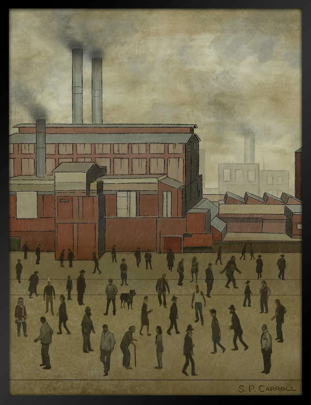 Tableau se nommant "Sortie d'usine" et représente une peinture en 2D d'une usine du début du 21ème siècle avec plusieurs personnages se trouvant sur une place devant l'usine. Cet œuvre d'art fait partie du braquage du Kortz Center de GTA Online